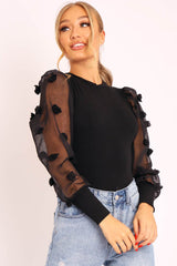 Black Puff Sleeve Fur Pom Pom Top - Lashay-Tops