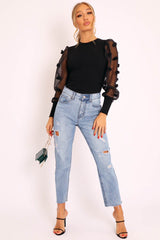 Black Puff Sleeve Fur Pom Pom Top - Lashay-Tops