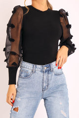 Black Puff Sleeve Fur Pom Pom Top - Lashay-Tops