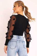 Black Puff Sleeve Fur Pom Pom Top - Lashay-Tops