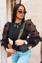 Black Puff Sleeve Fur Pom Pom Top - Lashay-Tops