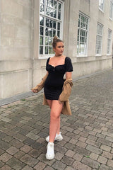 Black Puff Sleeve Lace Up Bodycon Dress - Darby-Dresses