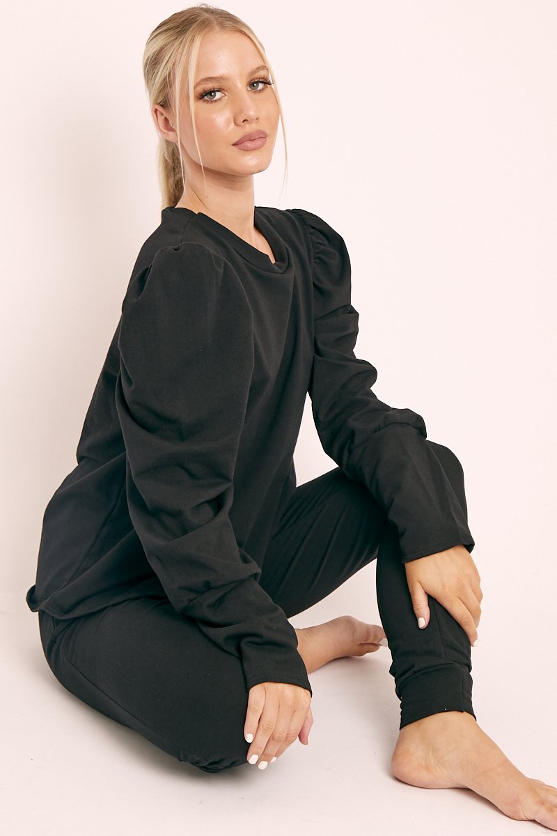 Black Puff Sleeve Loungewear Co-ord - Harley-Loungewear