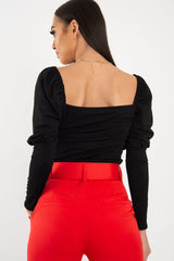 Black Puff Sleeve Sweetheart Neckline Crop Top - Tomi-Crop Tops