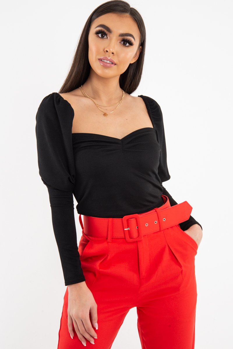 Black Puff Sleeve Sweetheart Neckline Crop Top - Tomi-Crop Tops
