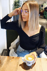 Black Puff Sleeve Sweetheart Neckline Crop Top - Tomi-Crop Tops