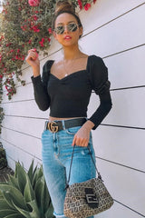 Black Puff Sleeve Sweetheart Neckline Crop Top - Tomi-Crop Tops