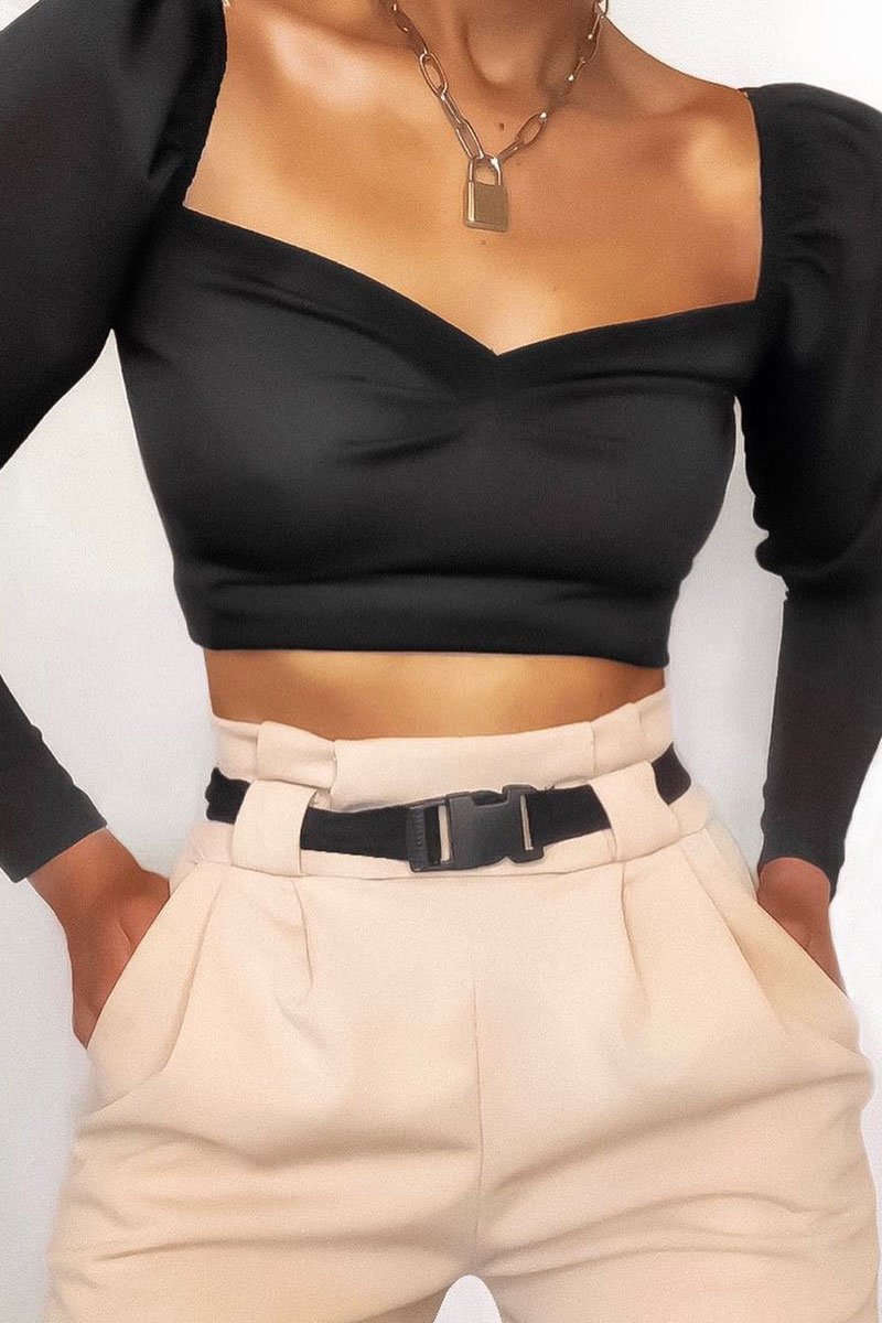 Black Puff Sleeve Sweetheart Neckline Crop Top - Tomi-Crop Tops