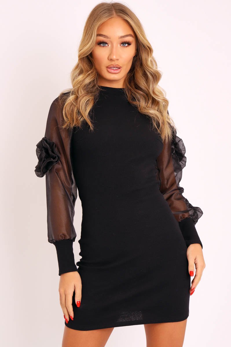 Black Puff Sleeves with Ruched Detailing Ribbed Dress - Rylah-Dresses