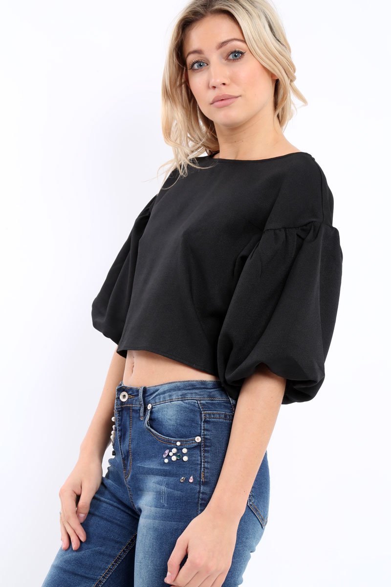 Black Puffball Sleeve Top - Indiana-Tops