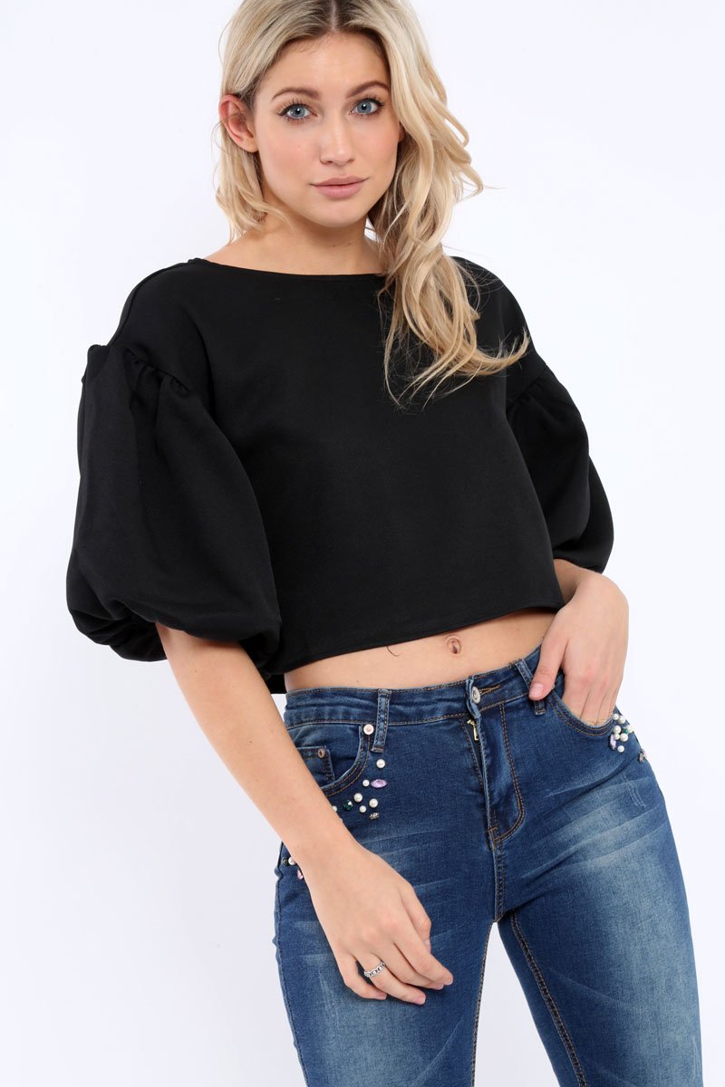 Black Puffball Sleeve Top - Indiana-Tops