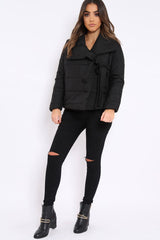 Black Puffer Jacket with Tie Front - Lolamae-Jackets