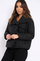 Black Puffer Jacket with Tie Front - Lolamae-Jackets