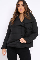 Black Puffer Jacket with Tie Front - Lolamae-Jackets
