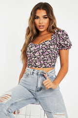 Black Purple Floral Corset Crop Top - Ferne-Crop Tops
