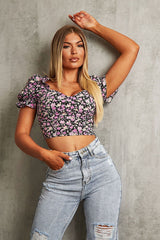 Black Purple Floral Corset Crop Top - Ferne-Crop Tops