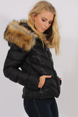 Black Quilted Coat with Faux Fur Hood Trim - Ester-Coats