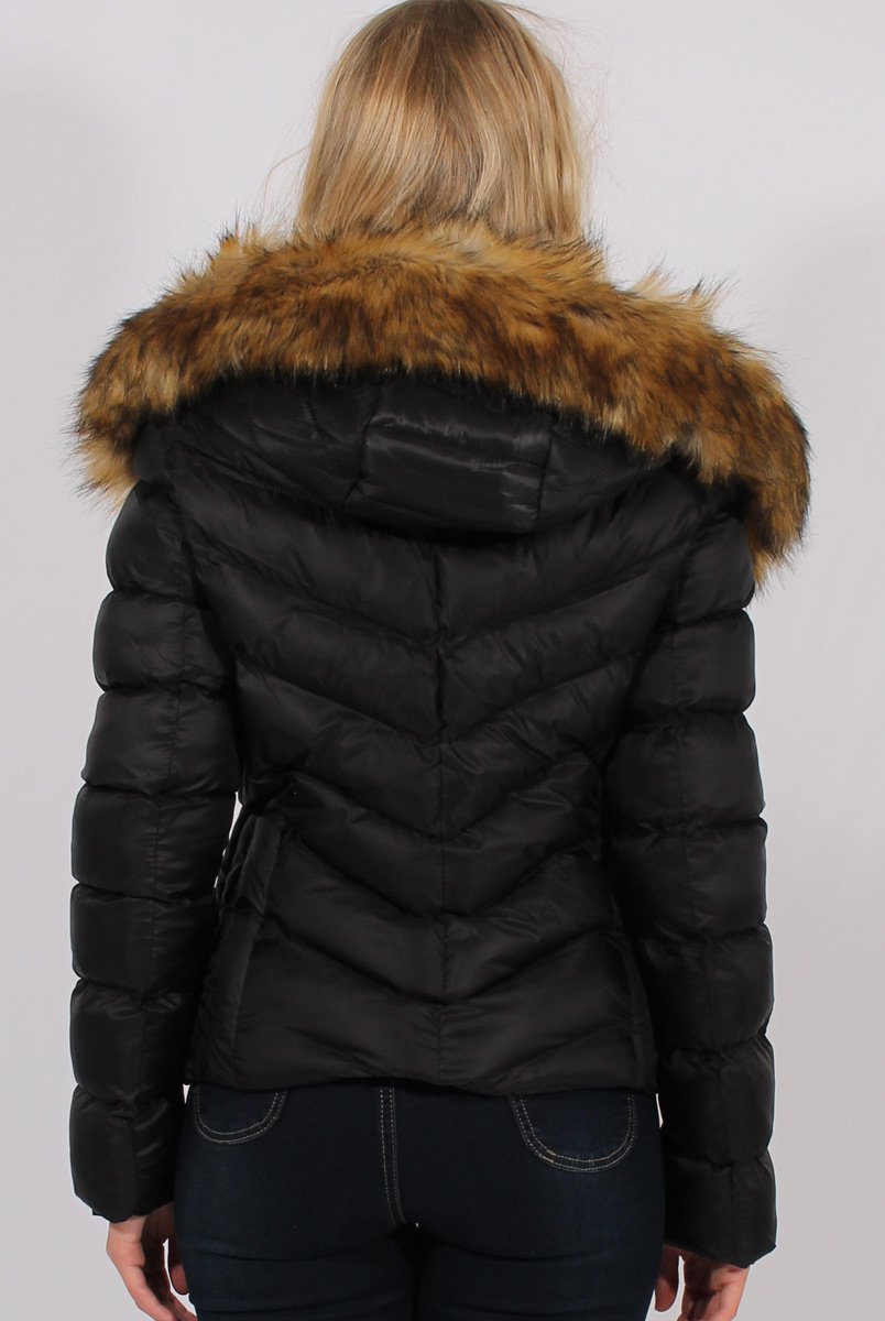 Black Quilted Coat with Faux Fur Hood Trim - Ester-Coats