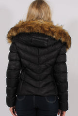 Black Quilted Coat with Faux Fur Hood Trim - Ester-Coats