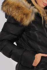 Black Quilted Coat with Faux Fur Hood Trim - Ester-Coats