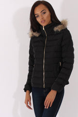 Black Quilted Coat with Faux Fur Hood - Vega-Coats