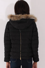 Black Quilted Coat with Faux Fur Hood - Vega-Coats