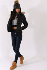 Black Quilted Coat with Faux Fur Hood - Vega-Coats