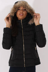 Black Quilted Coat with Faux Fur Hood - Vega-Coats