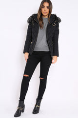 Black Quilted Coat with Fur Hood - Eleena-Coats