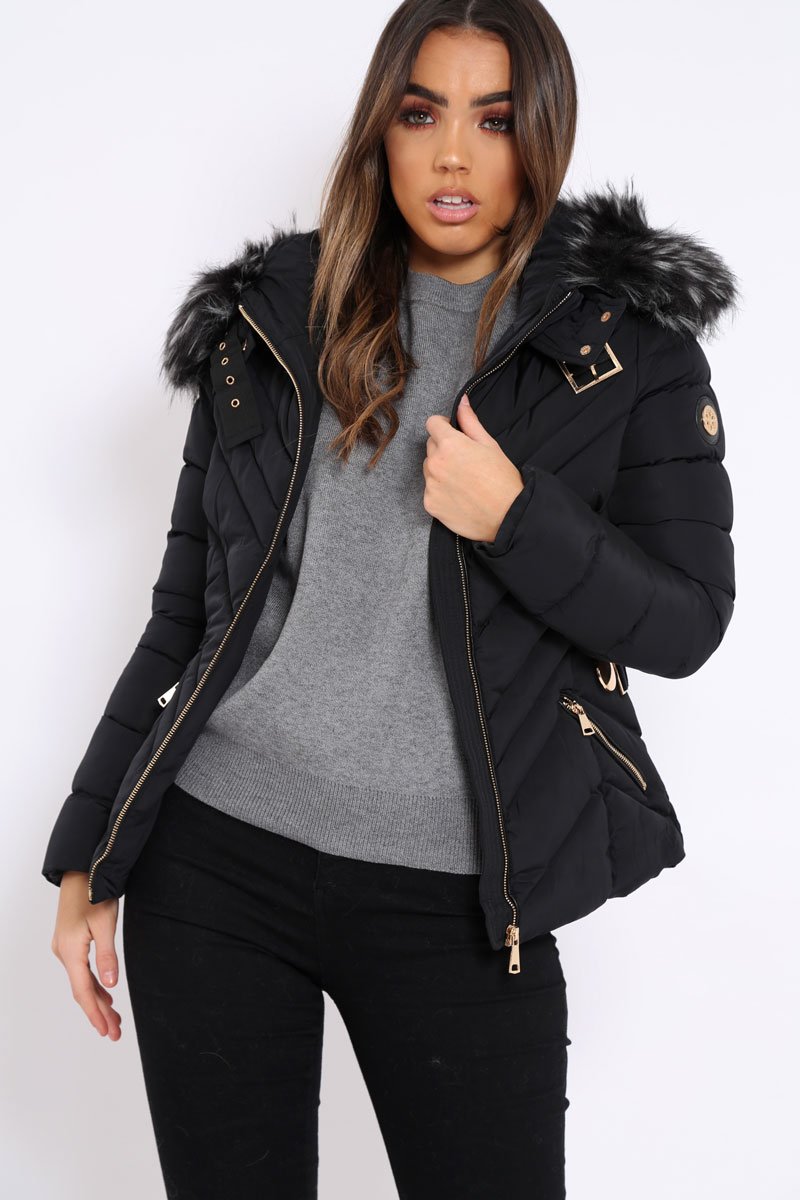 Black Quilted Coat with Fur Hood - Eleena-Coats