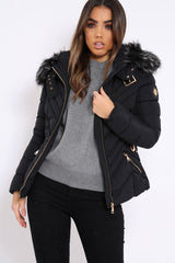 Black Quilted Coat with Fur Hood - Eleena-Coats