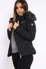 Black Quilted Coat with Fur Hood - Eleena-Coats