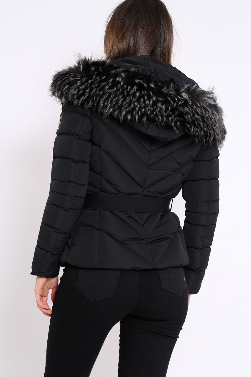 Black Quilted Coat with Fur Hood - Eleena-Coats