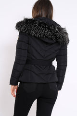Black Quilted Coat with Fur Hood - Eleena-Coats