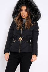 Black Quilted Coat with Fur Hood - Eleena-Coats