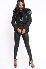 Black Quilted Coat with Fur Hood - Indee-Jackets