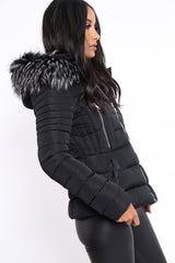 Black Quilted Coat with Fur Hood - Indee-Jackets