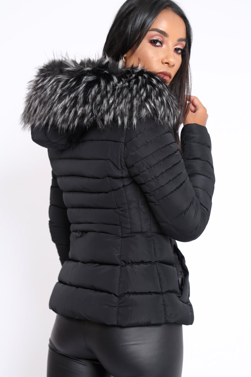 Black Quilted Coat with Fur Hood - Indee-Jackets