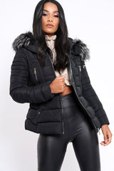 Black Quilted Coat with Fur Hood - Indee-Jackets