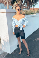 Black Raw Hem Longline Denim Shorts - Melissa-Shorts