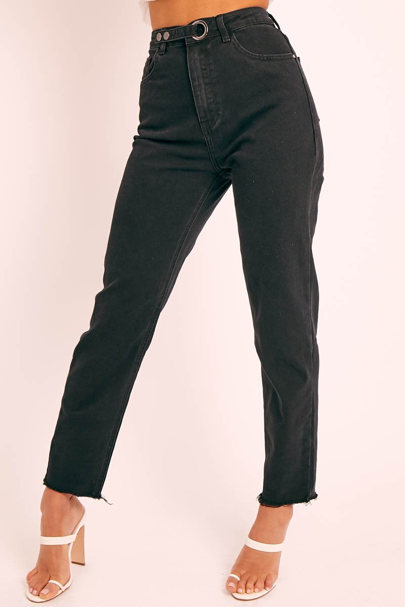 Black Raw Hem Press Stud Fastening Mom Jeans - Landri-Jeans