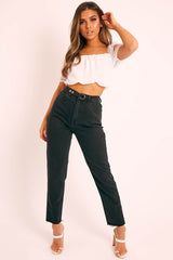 Black Raw Hem Press Stud Fastening Mom Jeans - Landri-Jeans