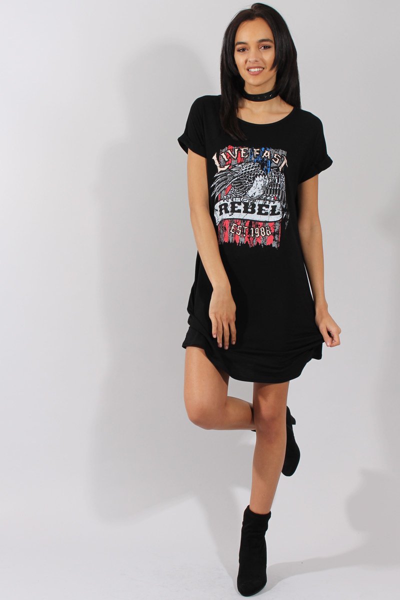 Black Rebel Slogan Print T-Shirt Dress - Juan-Dresses