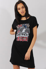 Black Rebel Slogan Print T-Shirt Dress - Juan-Dresses