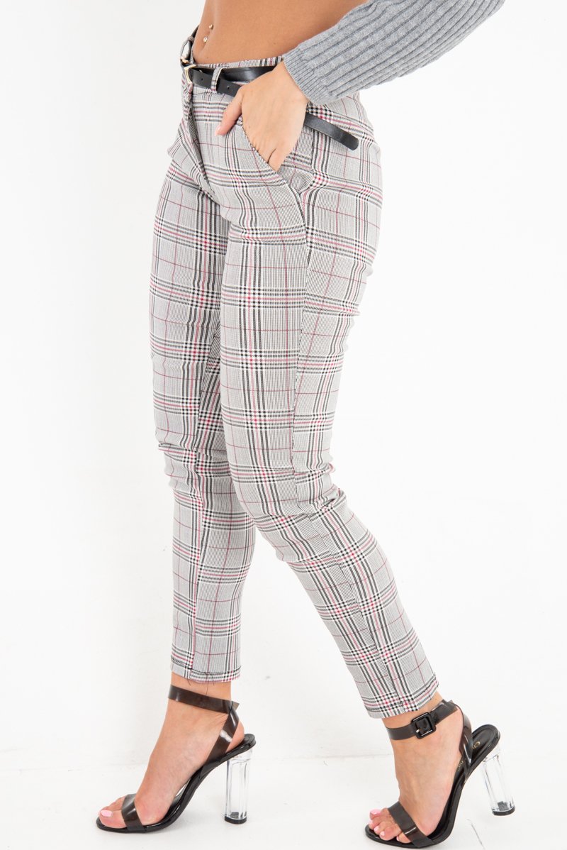 Black Red Check Belted Skinny Trousers - Jayani-Trousers