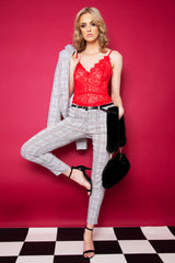 Black Red Check Belted Skinny Trousers - Jayani-Trousers