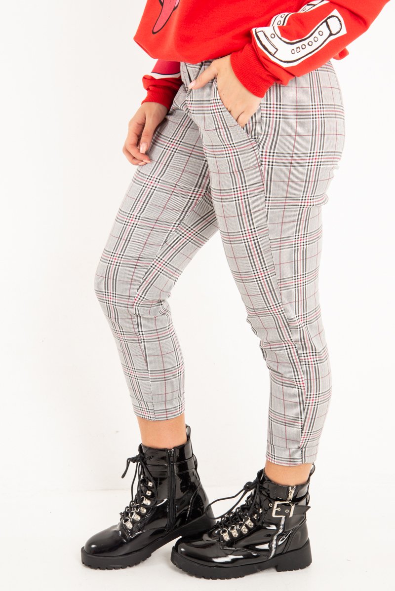 Black Red Check Ruffle Waist Skinny Trousers - Lecy-Trousers