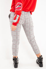 Black Red Check Ruffle Waist Skinny Trousers - Lecy-Trousers
