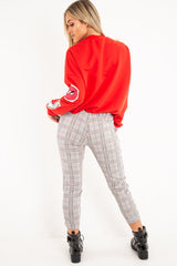 Black Red Check Ruffle Waist Skinny Trousers - Lecy-Trousers