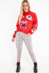 Black Red Check Ruffle Waist Skinny Trousers - Lecy-Trousers